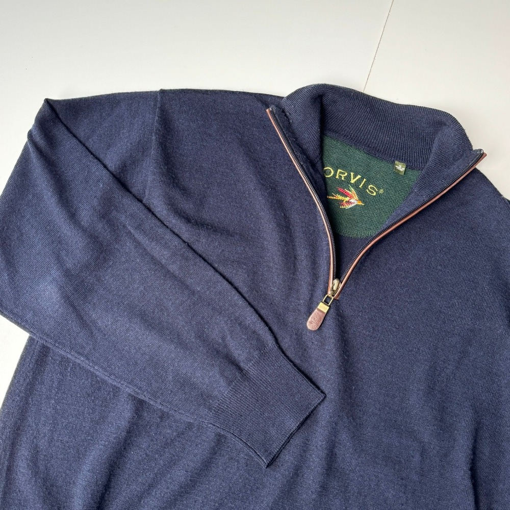 Orvis Mens Navy Blue 100% Merino Wool Quarter Zip Pullover Sweater Size M Mock